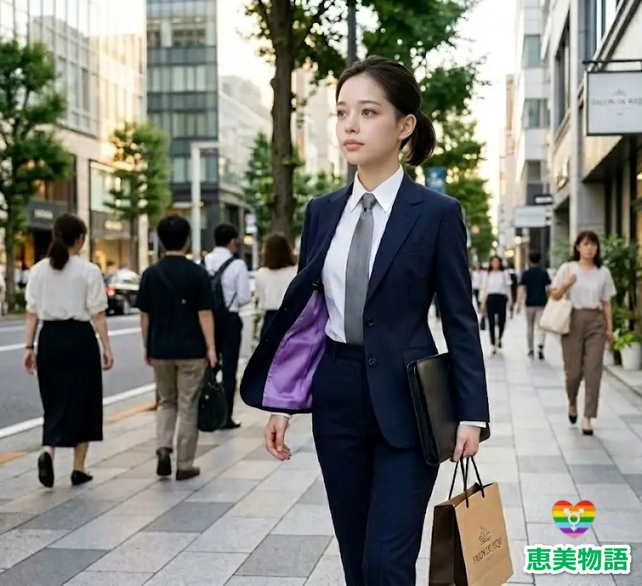 恵美の凛々しい男装姿で街を歩く