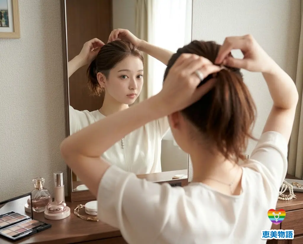 鏡を見ながらポニーテールを整える洗練されたヘアスタイル