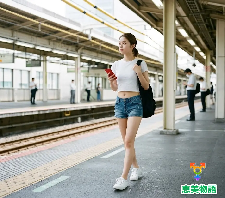 クロップドトップスとデニムの短パン姿のミニポニーテールで駅のホームに立っている