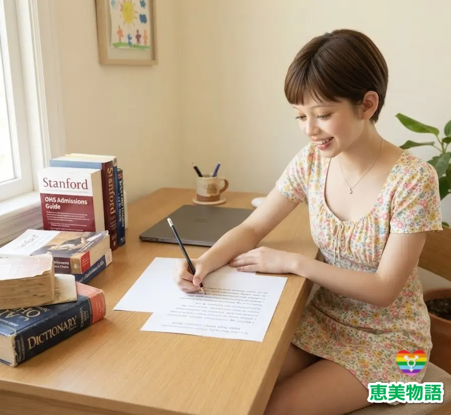 恵美は、英文で進学申請を鉛筆でレポートした作成
