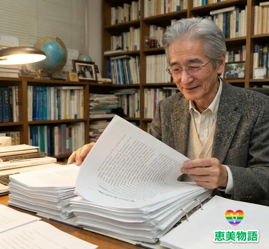 恵美が書いた英文のレポートを読み勘当する秘密の父親