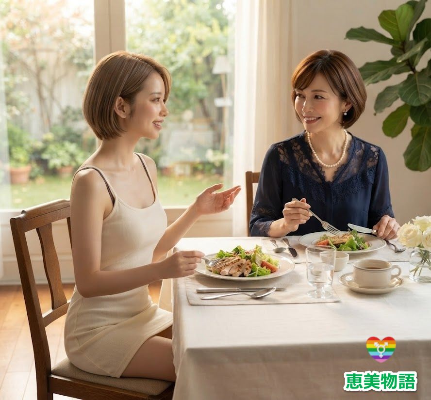 恵美は、勉強後の母親と昼食が楽しい
