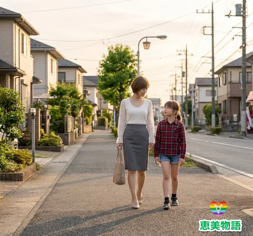 母親と一緒に楽しく歩いて家路ににつく
