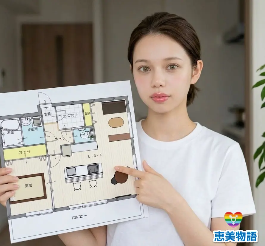 MtF恵美がいつものポニーテールの髪型で暮らす1SLDKのマンションを間取り紹介