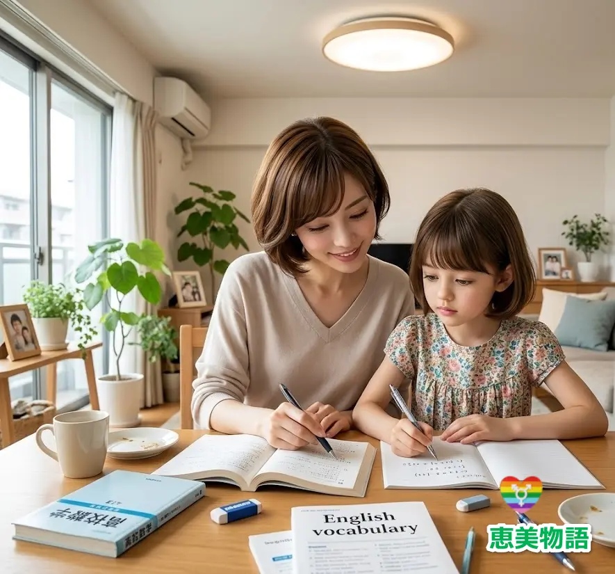 母娘で朝食後の高学年の勉強