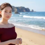 恵美のオフショルダー姿と綺麗な海岸線
